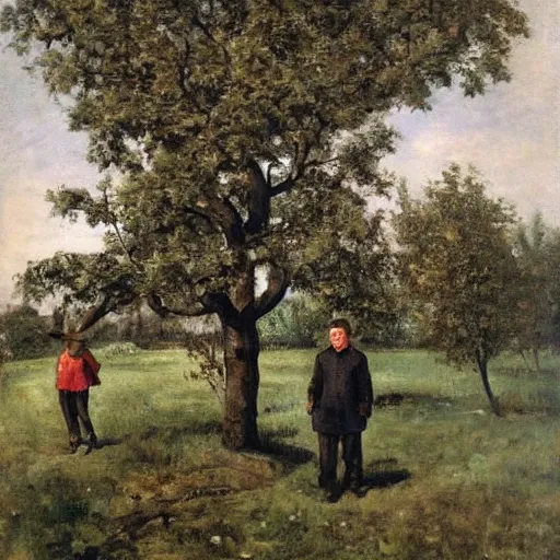 Prompt: a man stands by an apple tree. a girl offers him a silver key. socialist realism