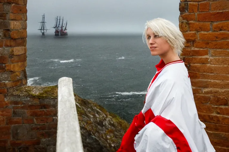 Prompt: a white-haired woman in bright red armor standing on a castle wall in the rain, looking out at a stormy sea and distand sailing ships. 4k