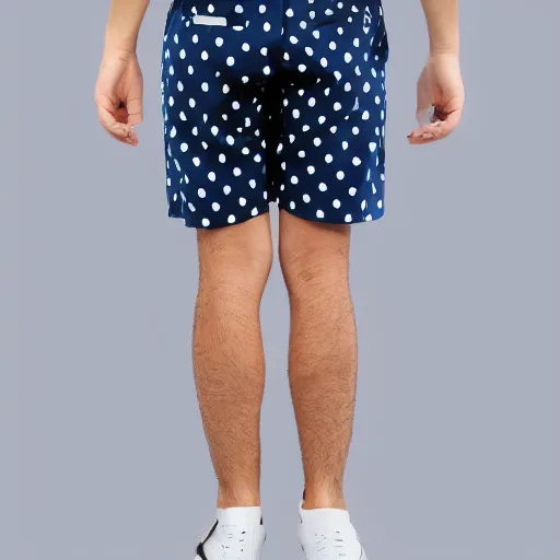 Prompt: blue short pants made of nylon with White dots