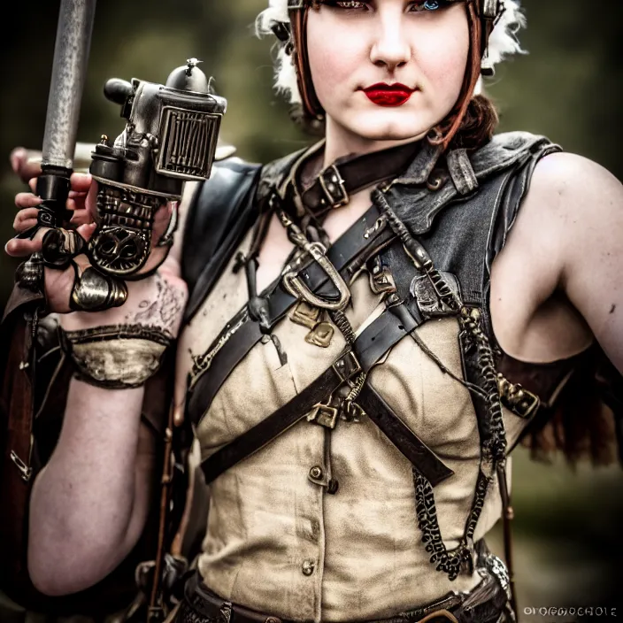 Prompt: photograph of a real - life very beautiful dieselpunk warrior. extremely detailed. dslr. 8 5 mm.