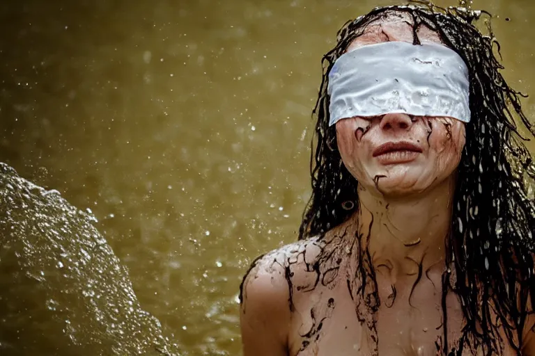 Prompt: woman with blindfold and wet face and hair