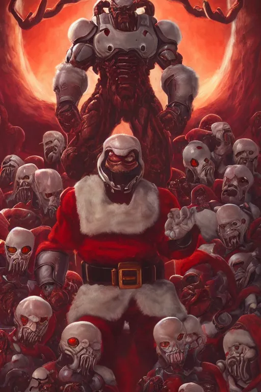 Prompt: ( doom ) cover featuring santa!! claus!! surrounded by demons, by jimmy presler, artstation, vivid gaze, clear eyes