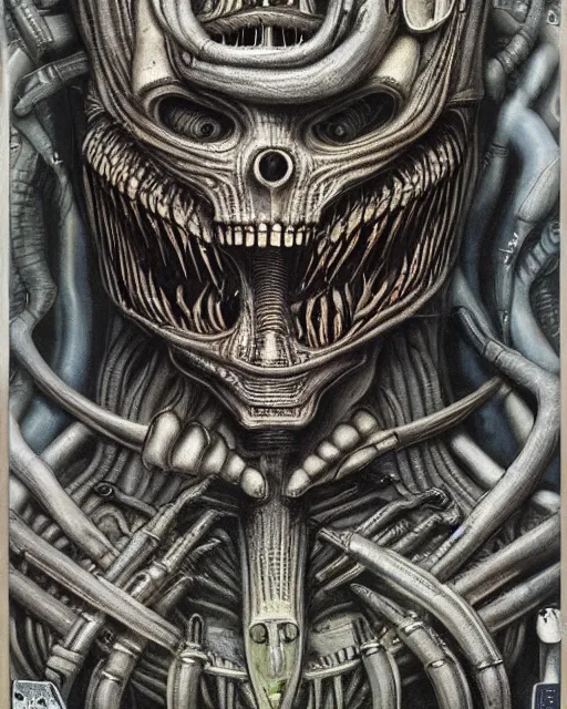 Prompt: videogame cover art by hr giger