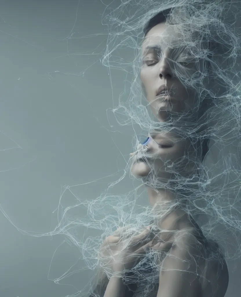 Image similar to portrait of a beautiful woman, smoke tendrils, a string structure, chaotic ferrofluids, occult, octane render, glow, dramatic lighting, intricate fine ornaments, translucent, lighting 8k, cinematic, blur, shallow depth of field, neuro web, plasma