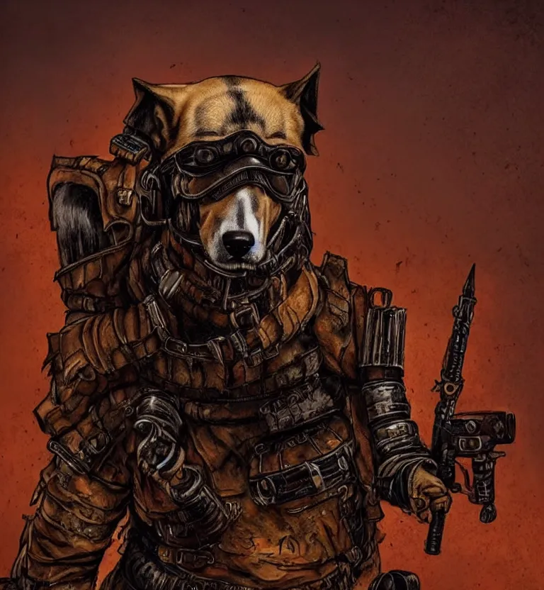 Image similar to a good ol'hound dog fursona ( from the furry fandom ), heavily armed and armored facing down armageddon in a dark and gritty version from the makers of mad max : fury road. witness me.