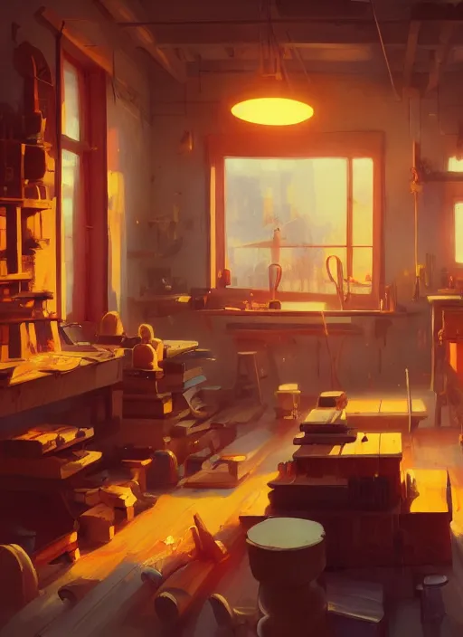 Image similar to beautiful interior of a woodworker shop, james gilleard, delphin enjolras, goro fujita, makoto shinkai, paul lehr, volumetric lighting, octane render, very coherent, trending on artstation