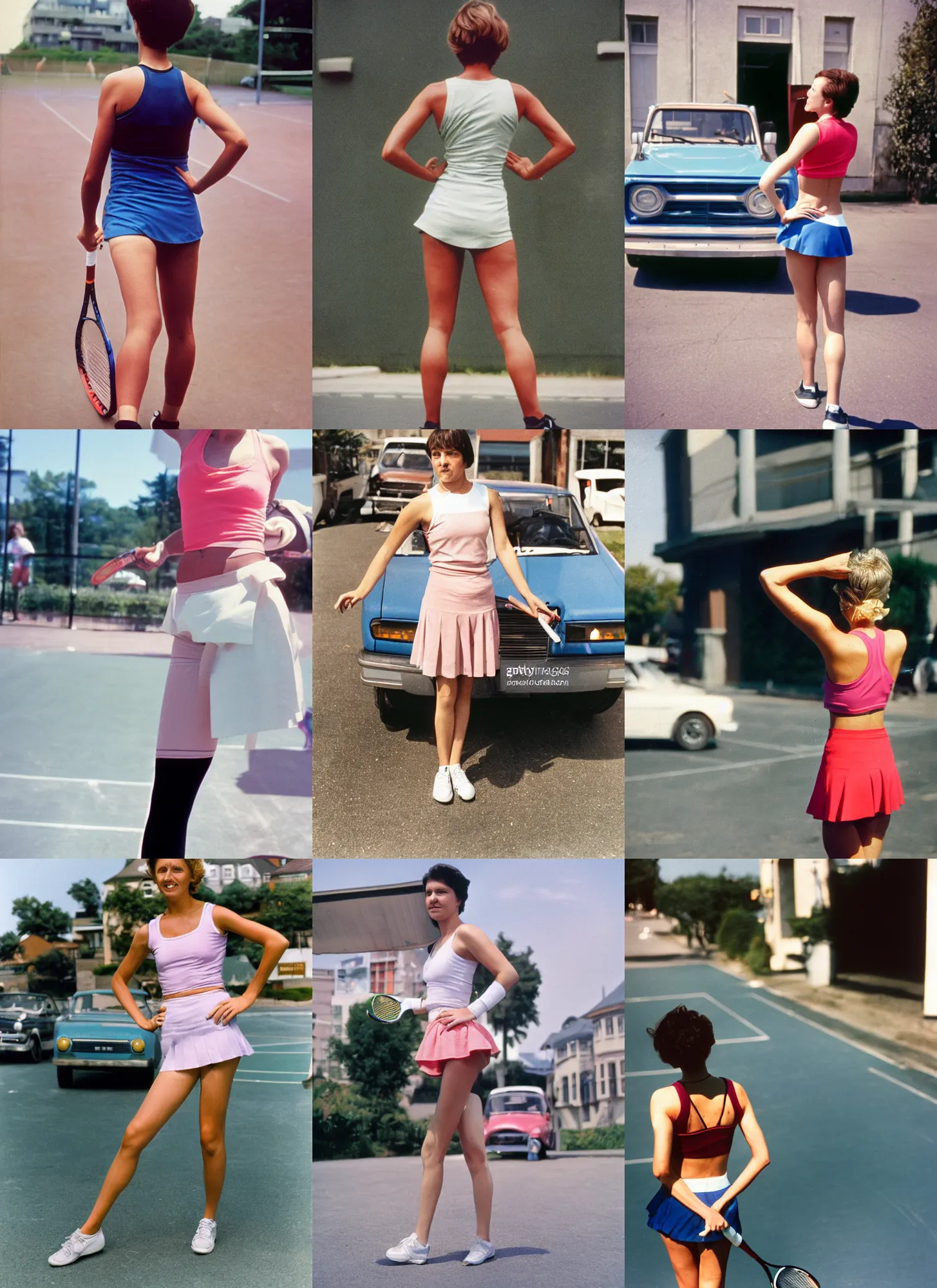 Prompt: A woman, tennis wear, short hair, tights, building, car; on the street, summer; 90's professional color photograph, close up, back,