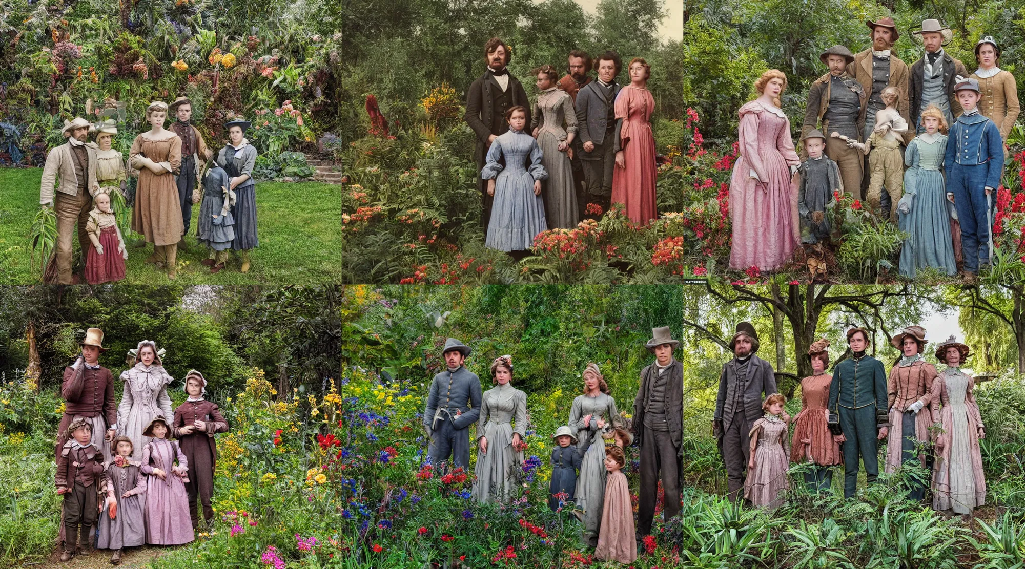 Prompt: highly detailed, 560mm film still from a sci fi blockbuster color movie made in 2019, set in 1860, of a family standing in a park, next to some alien plants and flowers, the family are all wearing 1860s era clothes, good lighting, good photography