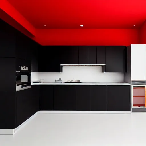 Prompt: photo of black, matte kitchen fronts surfaces and furniture, red walls at the back, white floor tiles on the ground, architecture, concept art