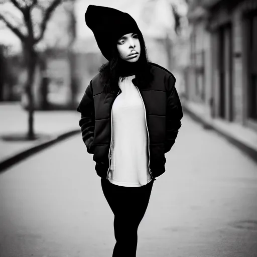 Prompt: portrait of a mixed woman smoking a cigarette, black beanie, black bomber jacket, urban environment, depth of field