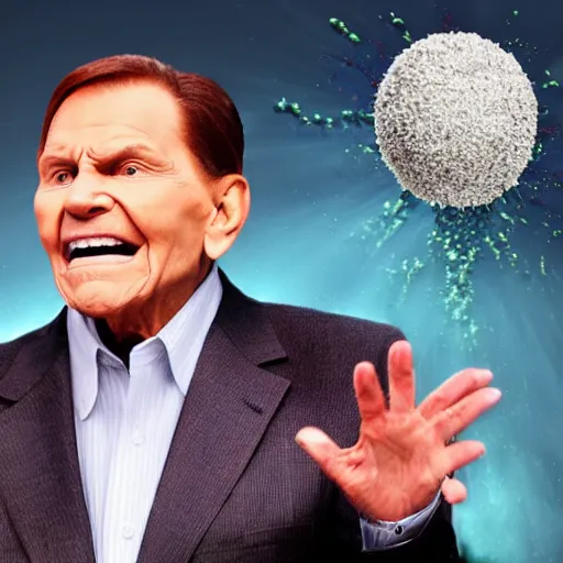 Prompt: kenneth copeland exploding head while praying dollar balls