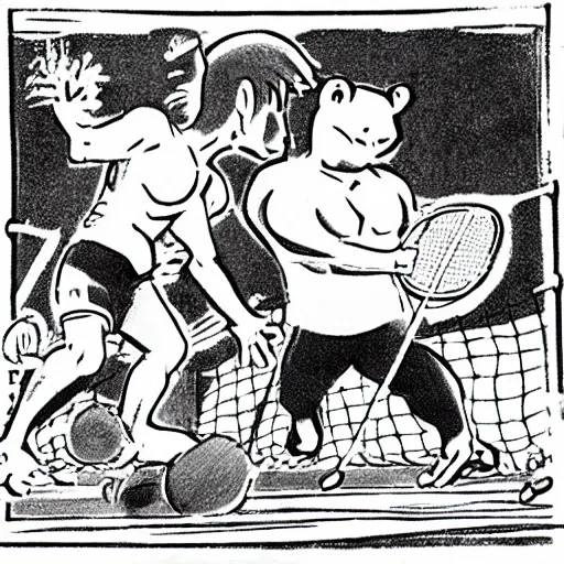 Image similar to men with hippo heads playing badminton, by Ken Sugimori, manga panel, black and white