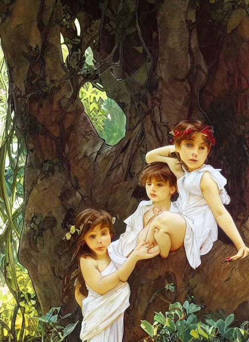 Prompt: two children mischievously peeking out from behind a tree, beautiful painting by artgerm and greg rutkowski and alphonse mucha