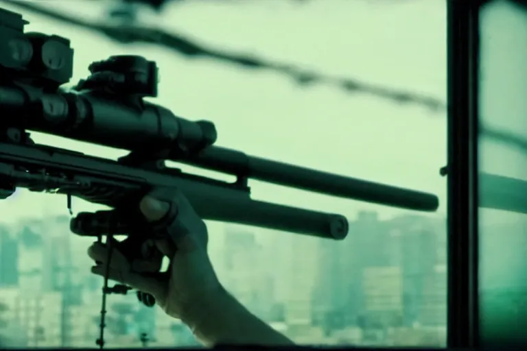 Image similar to film still of closeup futuristic sniper rifle sticking out window, cinematic, moody, gritty neon noir by emmanuel lubezki