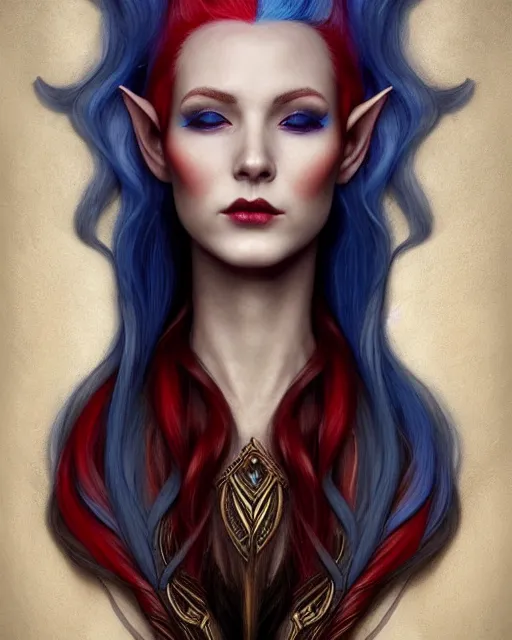 Prompt: a detailed matte oil on canvas head on symmetrical portrait of a distinguished elven woman with separated red and blue hair ( ( ( ( ( makeup ) ) ) ) ) by charlie bowater and lise deharme wlop, trending on artstationhd, dungeons and dragons art critical role, half and half hair dye, split hair dye, two tone hair dyy