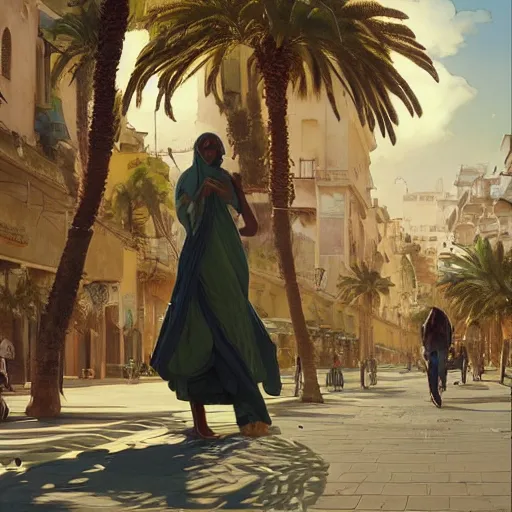 Image similar to frog travels through marrakech streets, palm trees, highly detailed, digital painting, artstation, concept art, smooth, sharp focus, illustration, art by artgerm and greg rutkowski and alphonse mucha