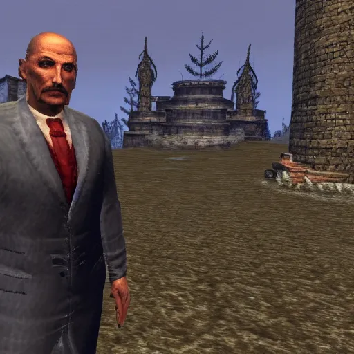 Prompt: Alexander Lukashenko wearing a suit and tie in Balmora in Elder Scrolls III: Morrowind, 2002 Morrowind graphics