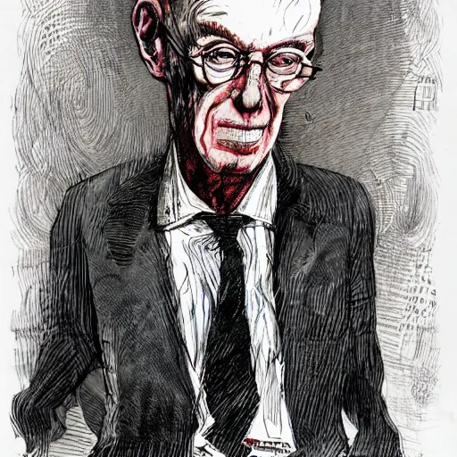 Image similar to Jacob Rothschild full body shot, dollar bills Body horror, biopunk, by Ralph Steadman, Francis Bacon, Hunter S Thompson