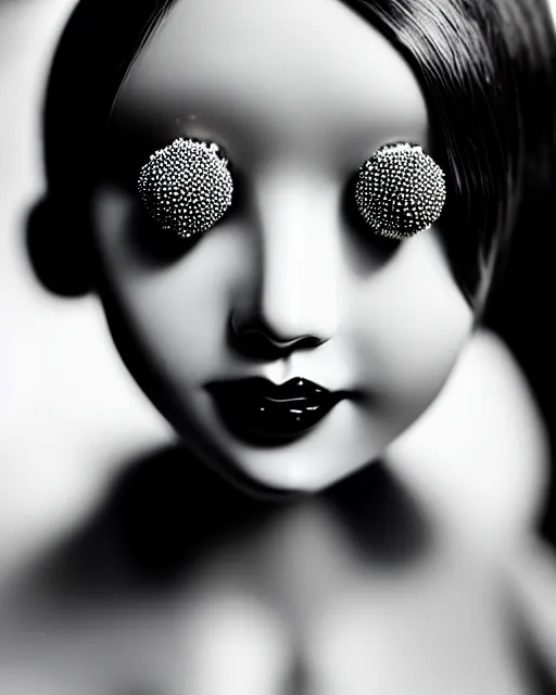 Image similar to black and white dreamy young beautiful female artificial intelligence, ornament very small pearls in the face, long hair are intricate with highly detailed small pearls, cinematic, rim light, bokeh, photo - realistic, elegant, high detail, 8 k, masterpiece, photo taken in 1 9 3 0