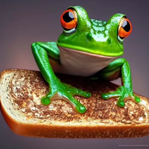 Image similar to hyperrealistic film still of a cute frog eating toast stunning 3 d render, inspired by istvan sandorfi & greg rutkowski & unreal engine, perfect facial symmetry, dim volumetric cinematic lighting, 8 k octane comprehensive render, extremely hyper - detailed, incredibly lifelike attributes, intricate, real flesh texture, masterpiece, artstation, stunning,