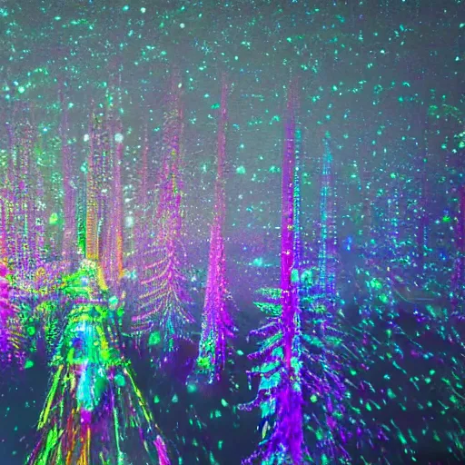 Image similar to double exposure of a white snowy forest and a colorful hologram city