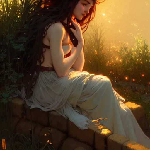 Image similar to A young woman sitting on a stone wall surrounded by water and glowing with light, intricate, delicate, elegant, highly detailed, digital painting, artstation, concept art, smooth, sharp focus, illustration, art by Krenz Cushart and Artem Demura and alphonse mucha