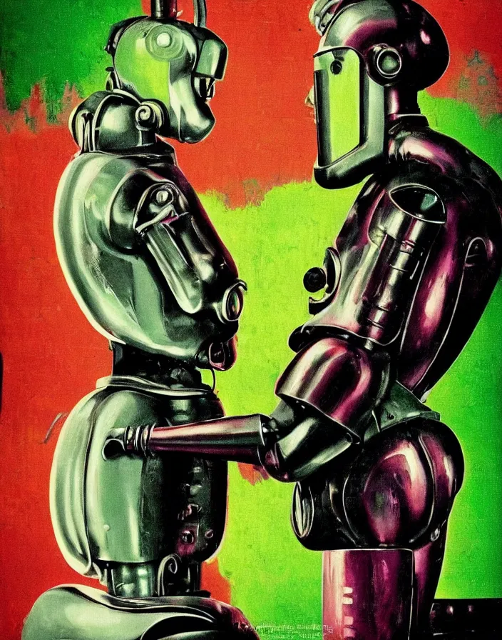 Prompt: a suited metal robot!!!! hugging a retro real - life housewife!!!!, 1 9 5 0 s horror film movie poster style, ( norman rockwell oil painting ), close - up shot, tight shot, profile shot, retro science fiction, vintage, saturated pink and green lighting, shadowy lighting