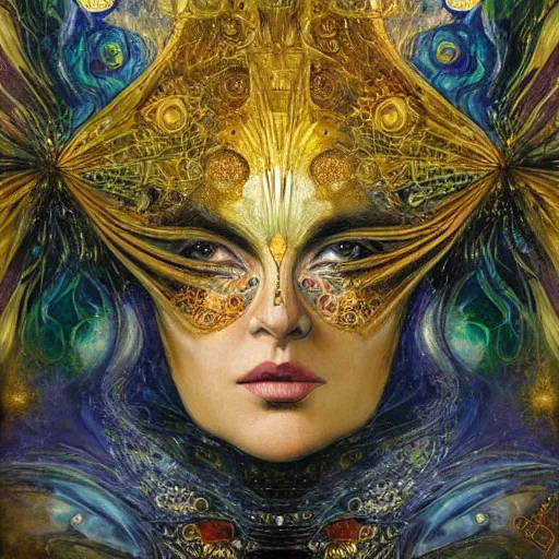 Image similar to Divine Chaos Engine by Karol Bak, Jean Deville, Gustav Klimt, and Vincent Van Gogh, beautiful visionary mystical portrait, sacred, otherworldly, fractal structures, Surreality, SpiralDee, ornate gilded medieval icon, third eye, spirals