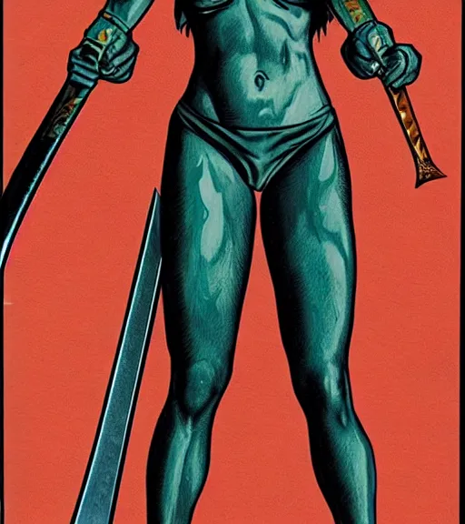 Image similar to 1 9 8 0 s fantasy novel book cover, amazonian jaime pressly in extremely tight bikini armor wielding a cartoonishly large sword, exaggerated body features, dark and smoky background, low quality print