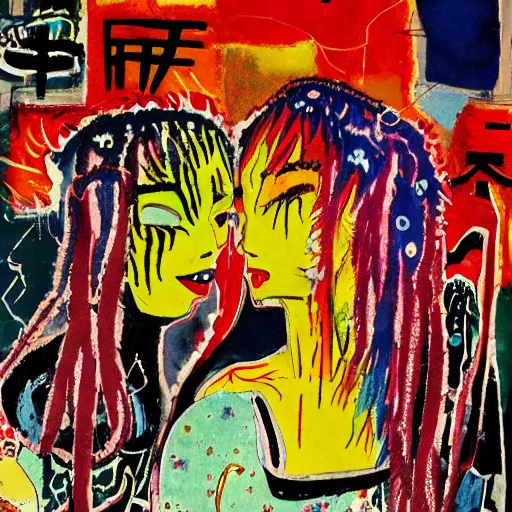 Prompt: watercolor painting of two bizarre psychedelic monster women kissing in japan in winter, speculative evolution, mixed media collage by basquiat and jackson pollock, maximalist magazine collage art, sapphic art, psychedelic illustration