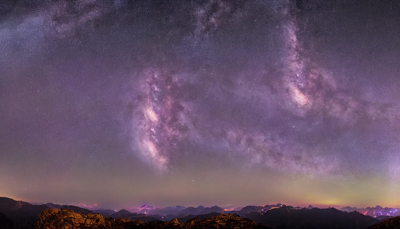 Prompt: night view of mountains and the milky way, vivid purple hues, 8k photography