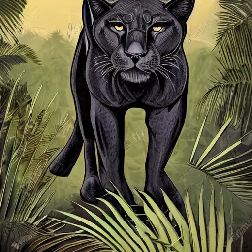 Prompt: artdeco illustration of one beautiful majestic black panther. beautiful. mysterious. intricately detailed. meticulously rendered. background is a jungle. epic skym hd. trending on art station. h 7 6 8