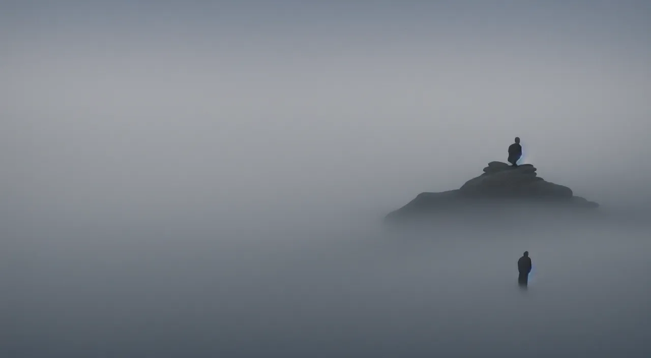 Image similar to matthew snowden painting style a lonely silhouette of a meditating monk sitting in the fog on a stone protruding from the water in the rays of the morning sun, the focus of the camera on the monk.
