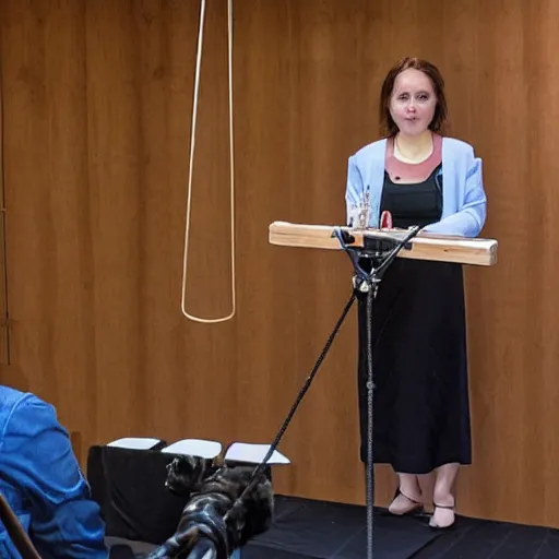 Image similar to string marionette in a podium giving a press conference