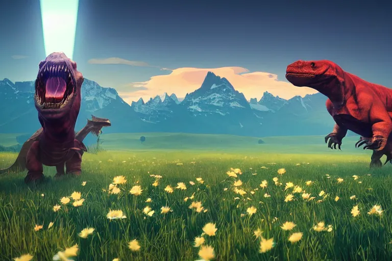 Image similar to lowpoly ps 1 playstation 1 9 9 9 glowing tyrannosaurus standing in a field of daisies, swiss alps in the distance digital illustration by ruan jia on artstation