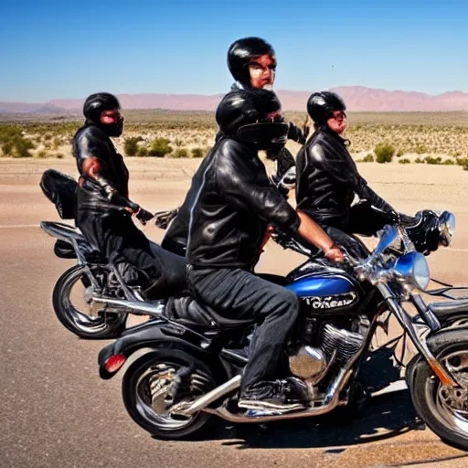Image similar to a gang of biker cats, riding motorbikes, route 6 6