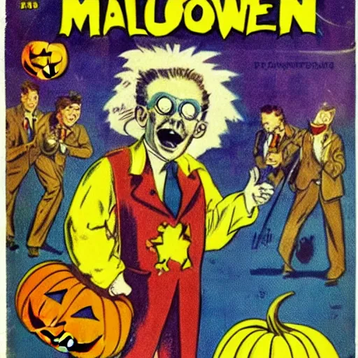 Prompt: Vintage Halloween Mad Scientist Comic Cover, Low Brow, Surreal
