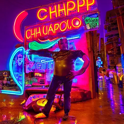 Prompt: El Chapulin Colorado in a Cyberpunk world, futuristic, neon lighting