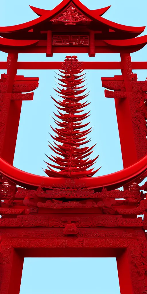 Image similar to 3 d render of a carved red torii gate sculpture, chrometype, made of liquid metal, neotribal with thorns and thunders, japanese temple, raytraced, volumetric lightning, 8 k, by zhelong xu, ouchh and and innate studio