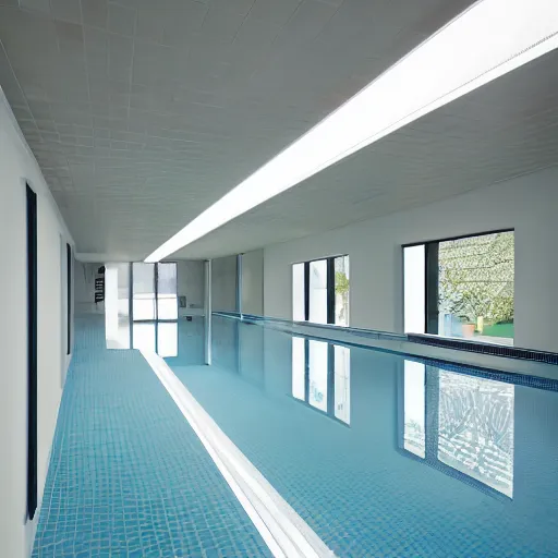 Image similar to the Poolrooms, an expansive complex of interconnected rooms and corridors slightly submerged in undulating, lukewarm water. Each area of the level varies greatly in size and structure, ranging from uniform pools and hallways to more open, abnormally-shaped areas. The walls, ceilings, and floors of the level all appear to be constructed from the same white ceramic tile, with the only deviation from this color being the blue-green hue of the water. Eerie, liminal space