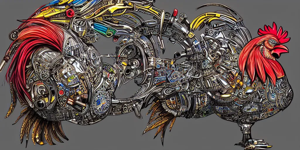 Prompt: colorful illusrtation of a fighting rooster made of car engine parts, schematic, dieselpunk, masterpiece, illustration, hand drawn, intricate, highly detailed