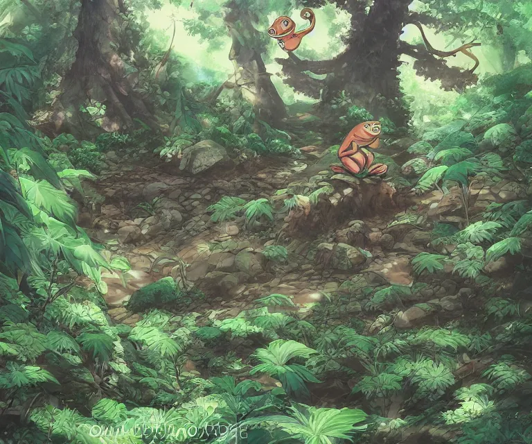 Image similar to frog in a forest, anime fantasy illustration by tomoyuki yamasaki, kyoto studio, madhouse, ufotable, comixwave films, trending on artstation