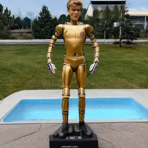 Image similar to a realistic detailed photo of a guy who is an attractive humanoid who is half robot and half humanoid, who is a male android, soccer player martin ødegaard, shiny skin, posing like a statue, blank stare, by the pool, on display, showing off his muscles, humanoid robot, frozen ice statue