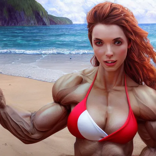 Image similar to bodybuilder amouranth at the beach, au naturel, hyper detailed, digital art, trending in artstation, cinematic lighting, studio quality, smooth render, unreal engine 5 rendered, octane rendered, art style by klimt and nixeu and ian sprigger and wlop and krenz cushart