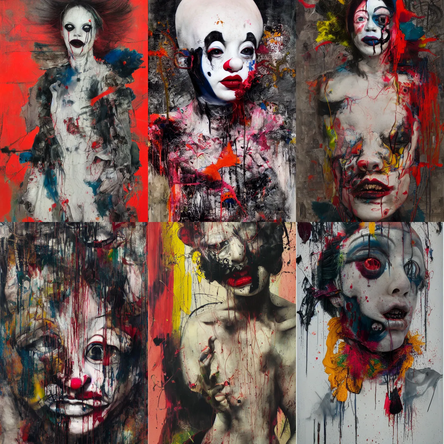 Prompt: clown girl, a brutalist designed, gothic, rich deep colours, painted by francis bacon, adrian ghenie, james jean and petra cortright, part by gerhard richter, part by takato yamamoto. 8 k masterpiece