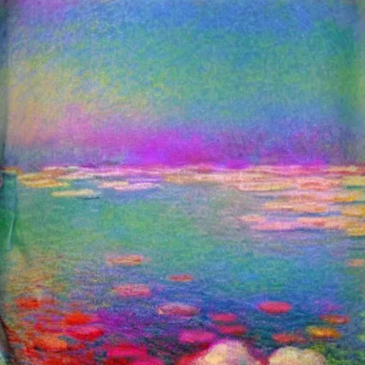 Image similar to Sea like jelly, Rainbow sheep like cotton candy，dreamy, soft , highly detailed, in the style of Oscar-Claude Monet