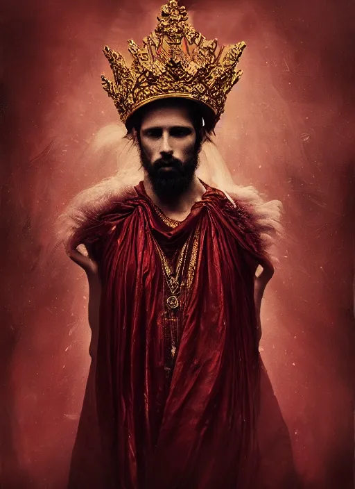 Image similar to 'Portrait of Crowned King Arthur' by Lee Jeffries royally decorated, whirling plasma, atmospheric motes, red and gold Sumptuous garb, gilt silk fabric, radiant colors, fantasy, perfect lighting, studio lit, micro details,