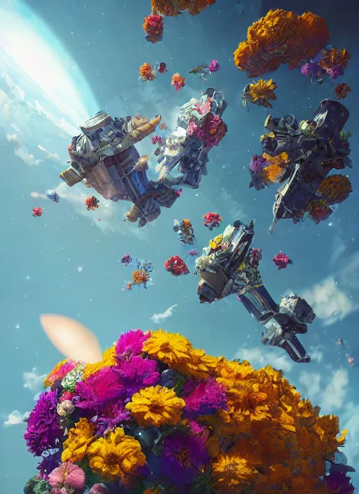 Image similar to An epic fantastic realism comic book style painting of the most beautiful flowers launched into space, bouquets, fisheye lens, unreal 5, DAZ, hyperrealistic, octane render, dynamic lighting