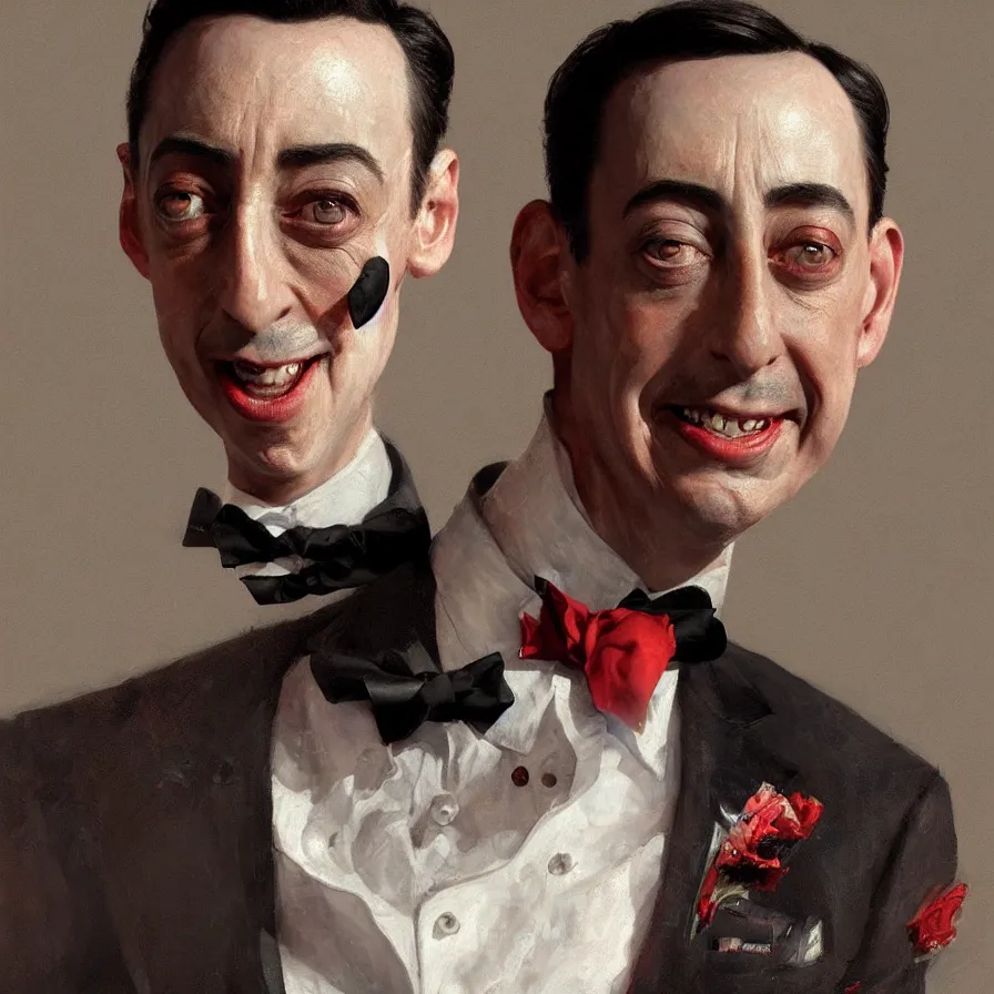 Image similar to close portrait of peewee herman, high detail, dramatic light, digital art, painted by greg rutkowski, painted by seb mckinnon, trending on artstation