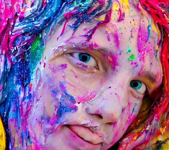 Prompt: still shot close up footage of the portrait of a female angel head made of acrylic pour and coloured powder explosion and splashing paint and dripping paint and flying paint chunks, motion blur, hyperrealistic, medical, intricate art photography, anatomically correct, realistic crisp textures, 1 6 k